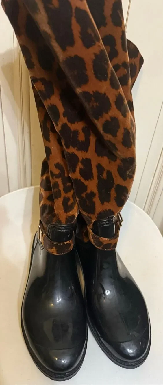 Bamboo Women's Leopard Print Mid-Calf Faux Fur Rain Boots Brown Black Size 8.5